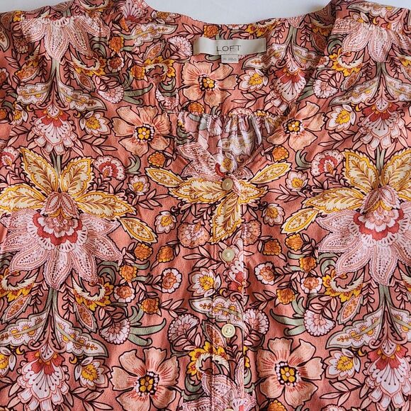 LOFT Blouse Womens Sz XS Multi Floral Ruffle Elastic Sleeve V Neck Lightweight - Picture 4 of 7